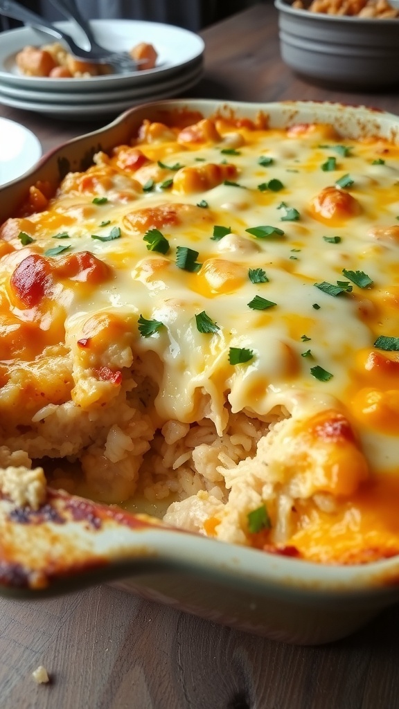 A golden brown chicken and rice casserole topped with melted cheese, served in a rustic dish.